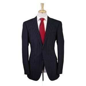 Knot Standard Custom Tailored Navy Blue Pinstripe Peak Lapel 2-Btnb Suit 40L